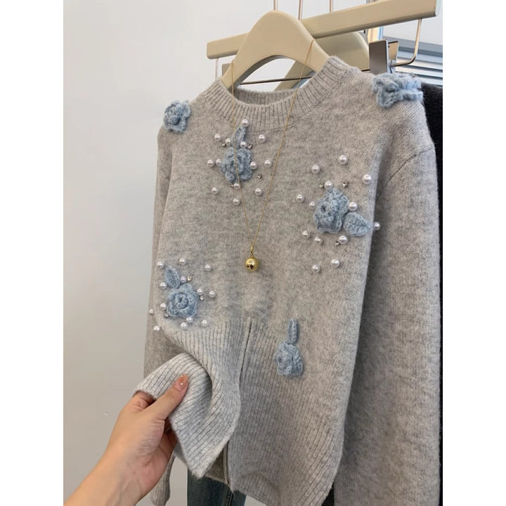 Damen Pullover mit strukturiertem Blumendesign und Perlenverzierungen Drune