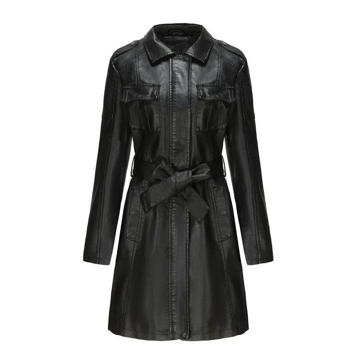 Drune | Schicke Lange Damen PU-Lederjacke mit Taschen