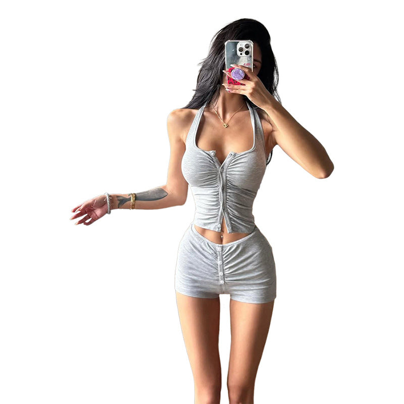 Damen Raffiniertes Jumpsuit-Set mit Knopf-Details und Spaghettiträgern Drune