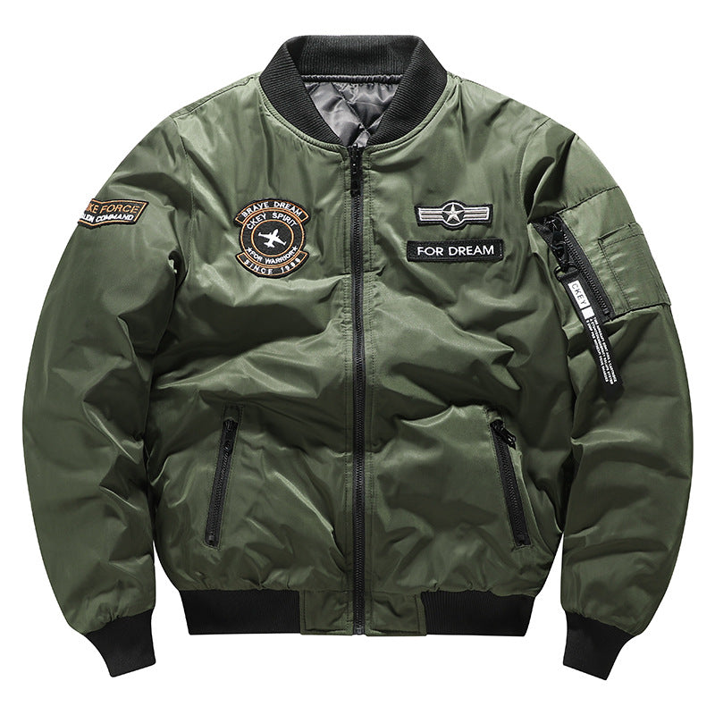 Herren -isolierte Flugzeug-Patch gepolsterte Bomberjacke mit Reißverschluss-Ärmeltasche Drune