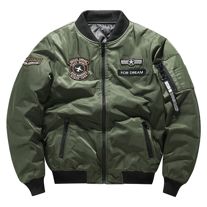 Herren -isolierte Flugzeug-Patch gepolsterte Bomberjacke mit Reißverschluss-Ärmeltasche Drune