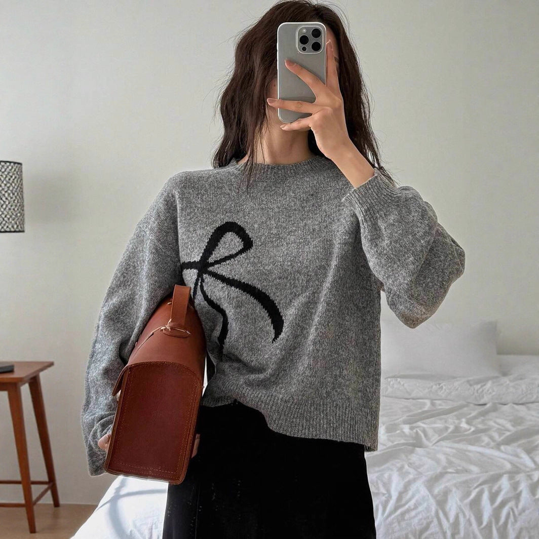 Damen kuscheliger Strickpullover mit dekorativem Schleifenmotiv Drune