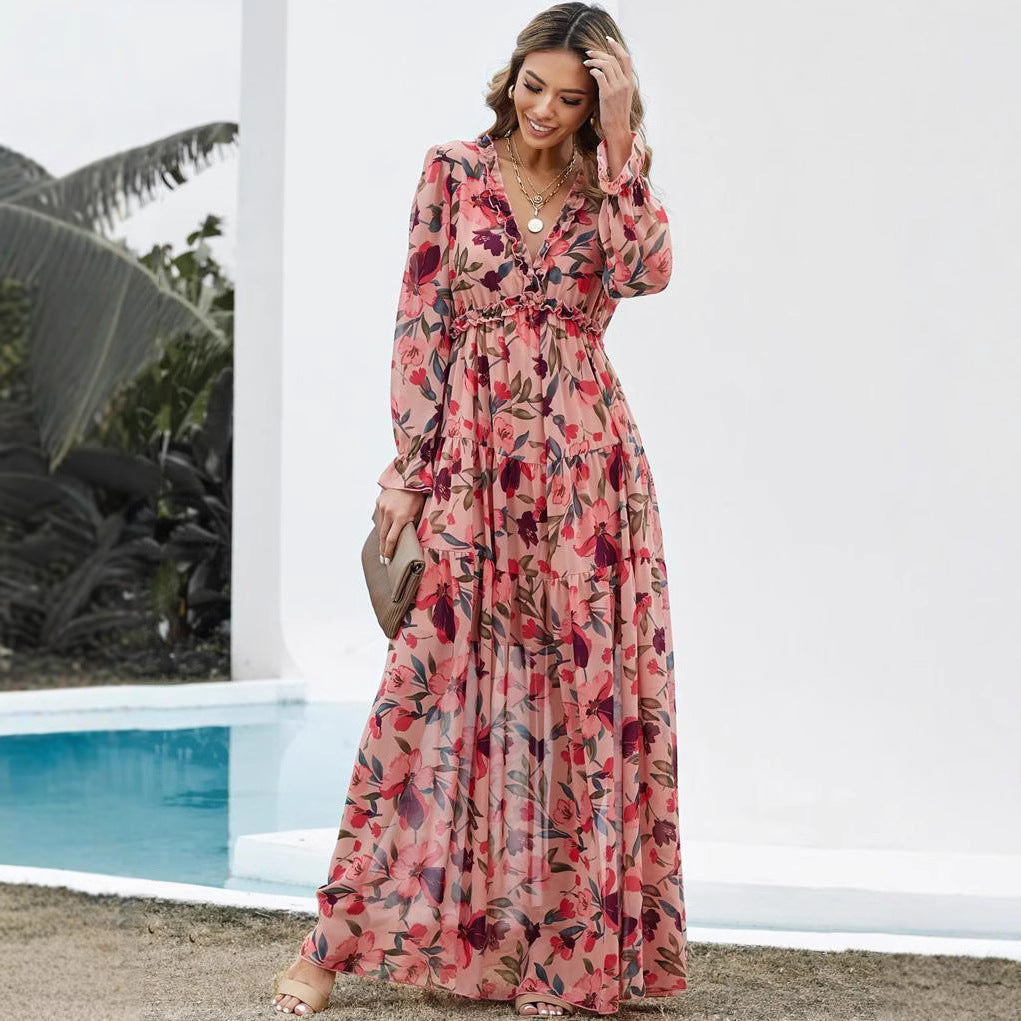 Damen Maxikleid mit floralem Vintage-Druck und V-Ausschnitt Drune