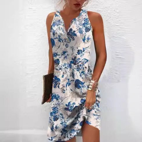 Damen, Lässiges Sommerkleid mit V-Ausschnitt und Asymmetrischem Saum Drune