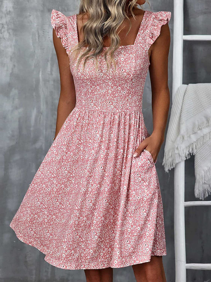 Damen Sommerkleid mit Rüschenärmeln und Schlitz Drune
