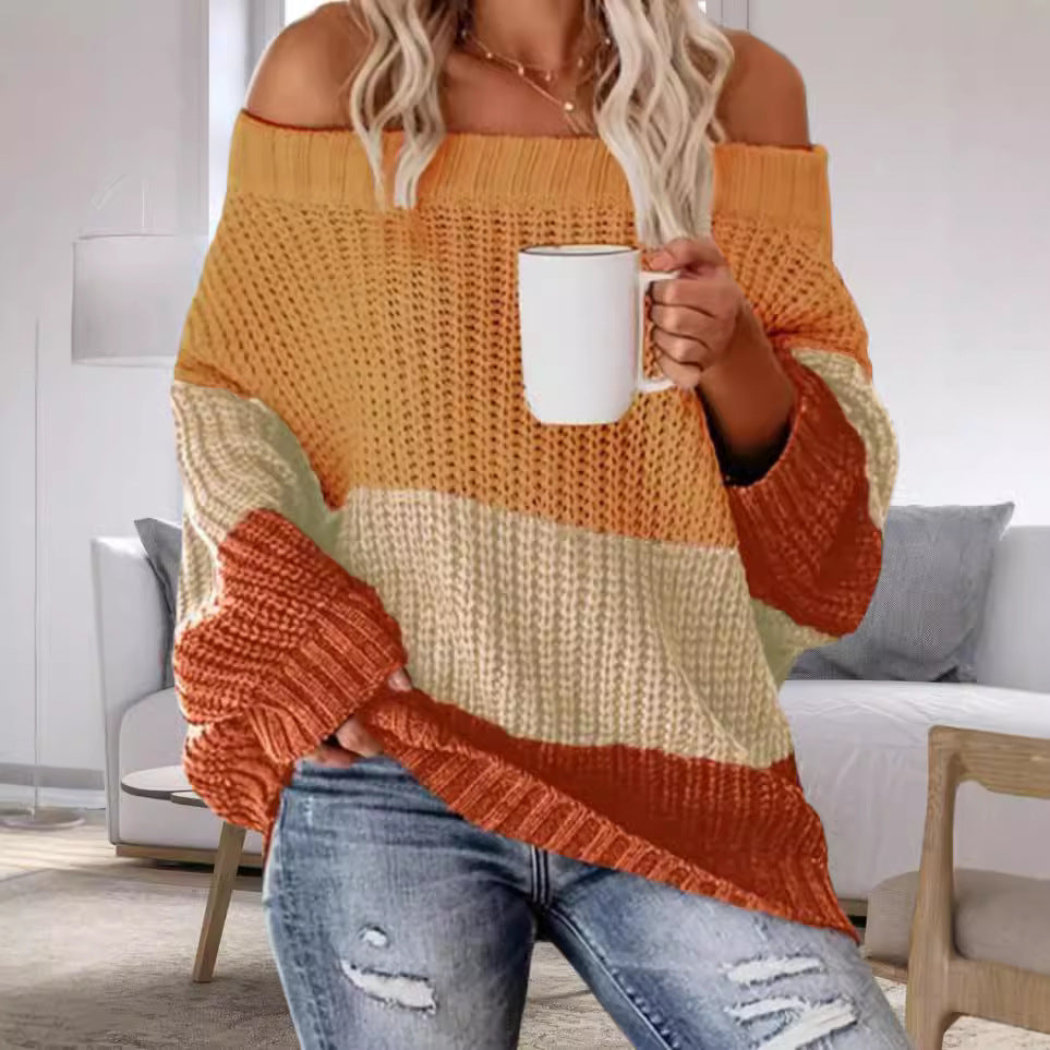 Damen Lässiger Overzise-Strickpullover mit Off-Shoulder-Ausschnitt und angesagtem Farbblockdesign Drune