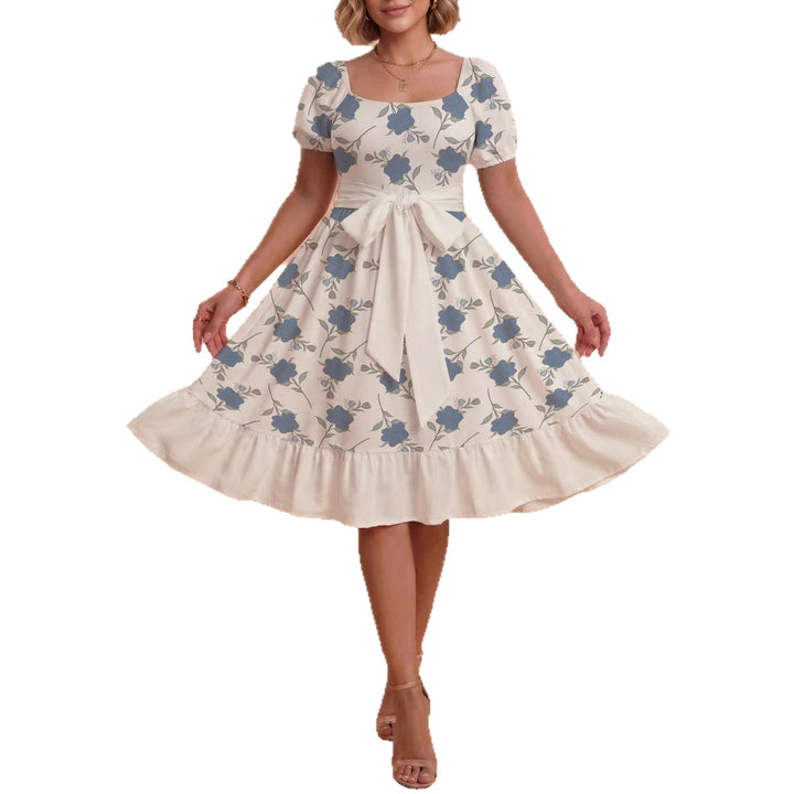 Damen Blumenkleid mit taillierbarem Gürtel und voluminösen Ärmeln Drune