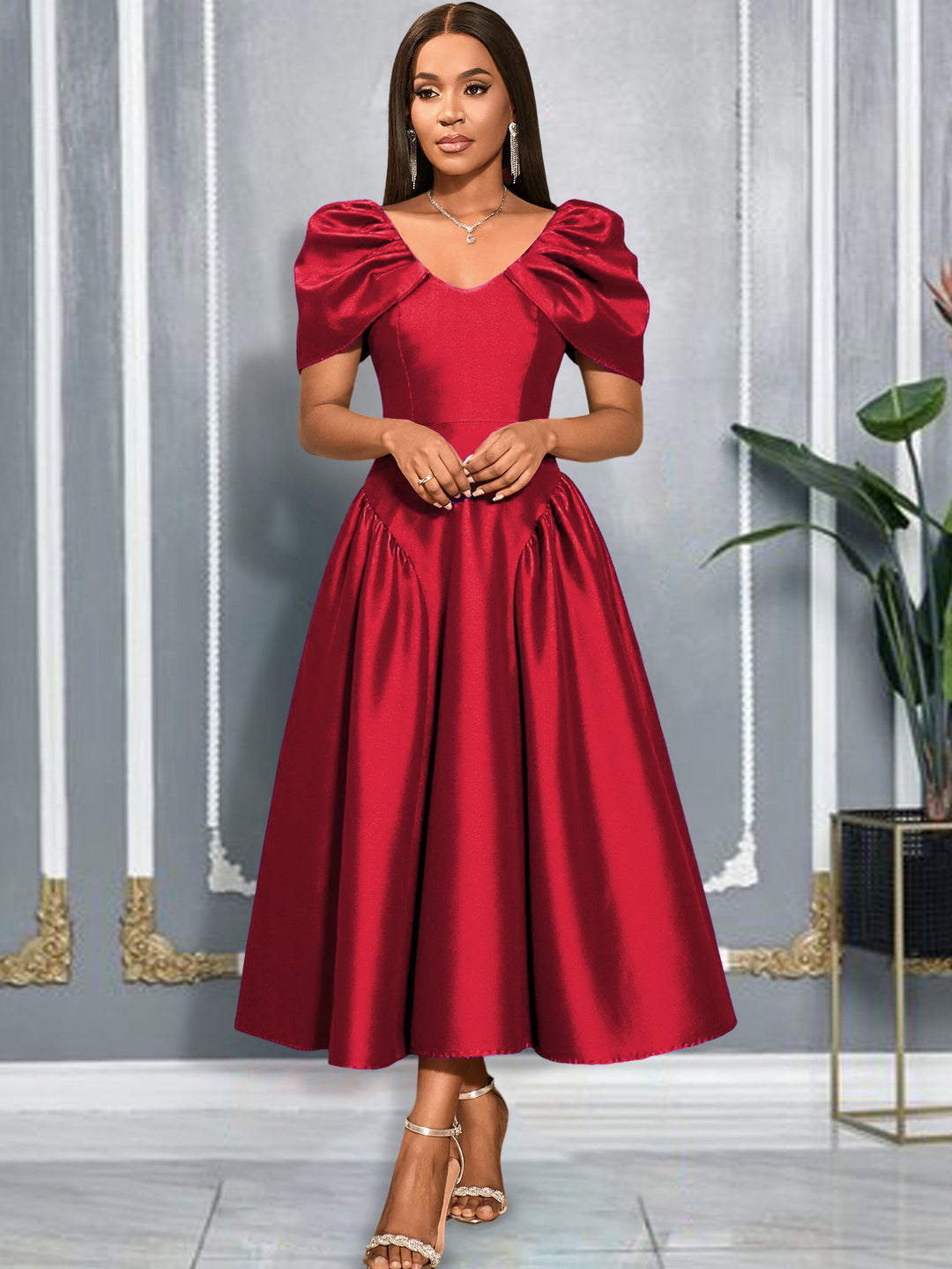 Damen elegantes Midikleid mit voluminösen Puffärmeln und schwingendem Rock Drune