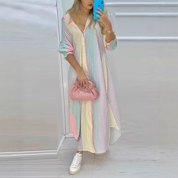 Damen nan knopfbares Maxi-Hemdkleid mit geometrischem Muster, V-Ausschnitt, Kentkragen und hohem Beinschlitz Drune