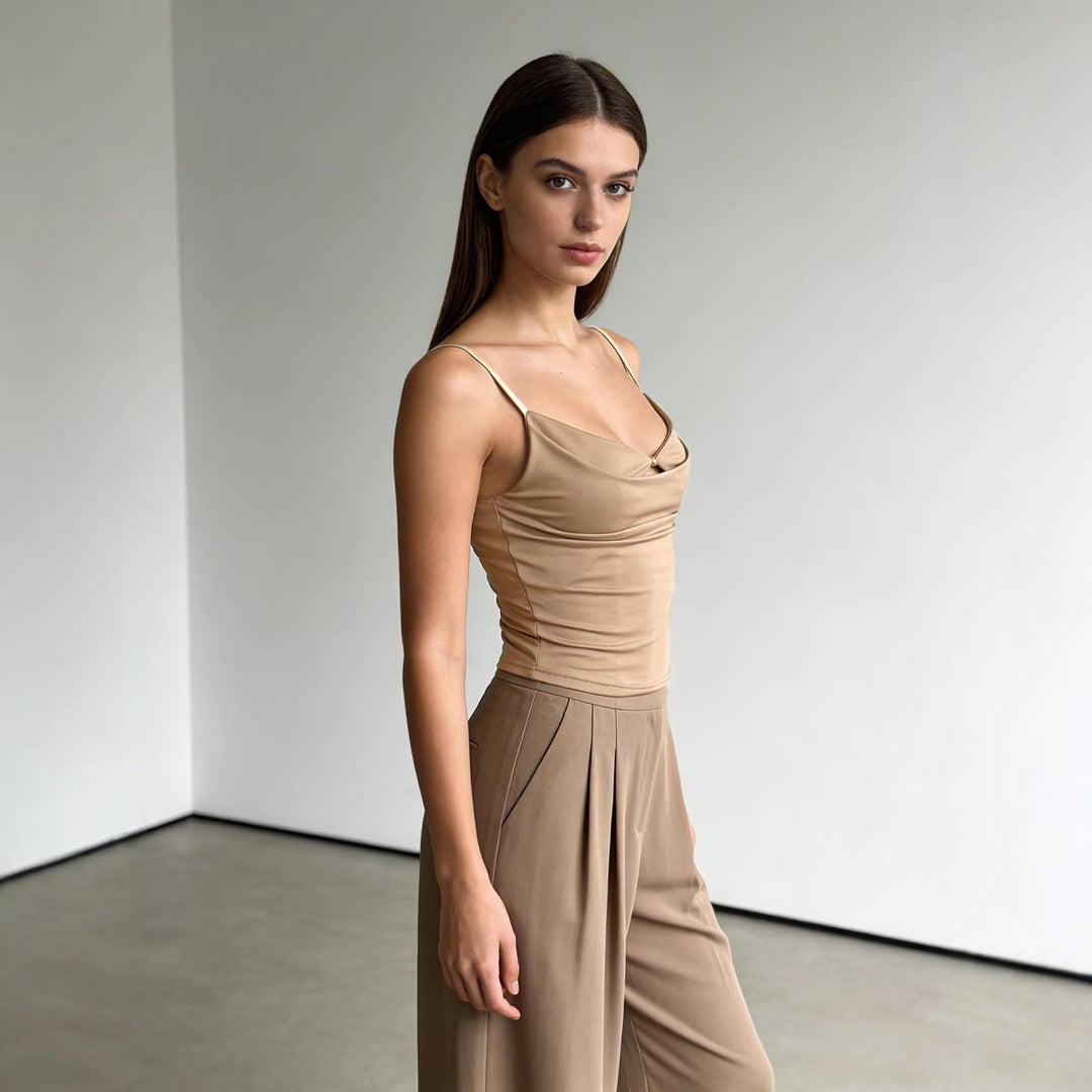 Damen Trendy Drapiertes Oberteil mit feiner Goldapplikation Drune