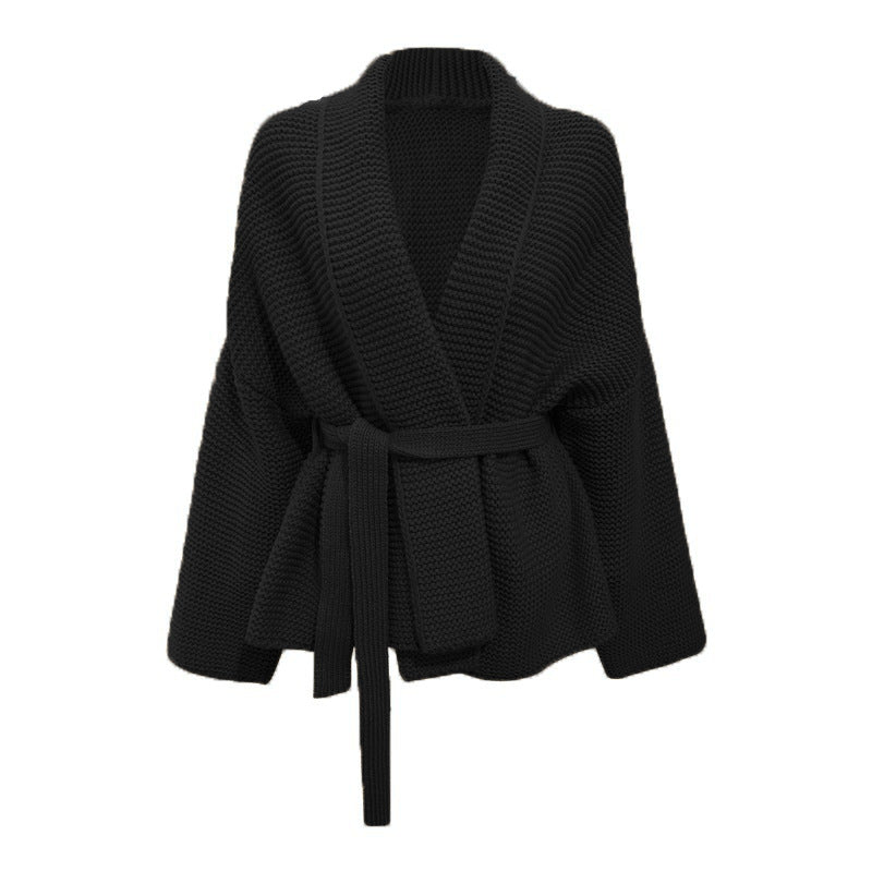 Damen Grobstrick-Wickeljacke mit breitem Schalkragen und bindbarem Gürtel Drune