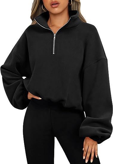 Damen nan kurz geschnittenes Halbzip-Sweatshirt mit hohem Stehkragen, Ballonärmeln und elastischem Saum Drune