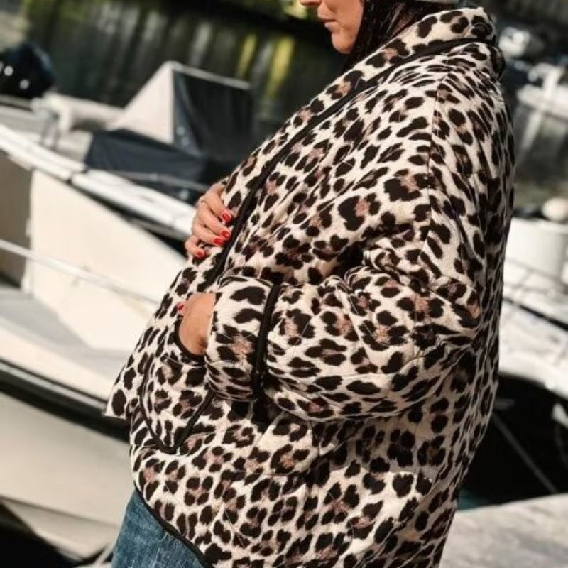 Damen Modische Leo-Muster Steppjacke mit praktischen Taschen Drune