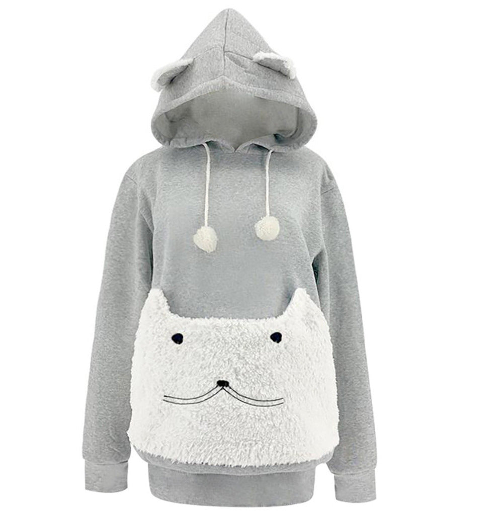 Damen Kuscheliger Kapuzenpullover mit Katzenmotiv und praktischer Känguru-Tasche Drune