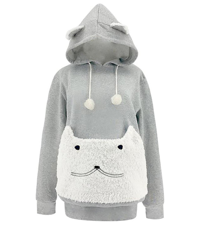 Damen Kuscheliger Kapuzenpullover mit Katzenmotiv und praktischer Känguru-Tasche Drune