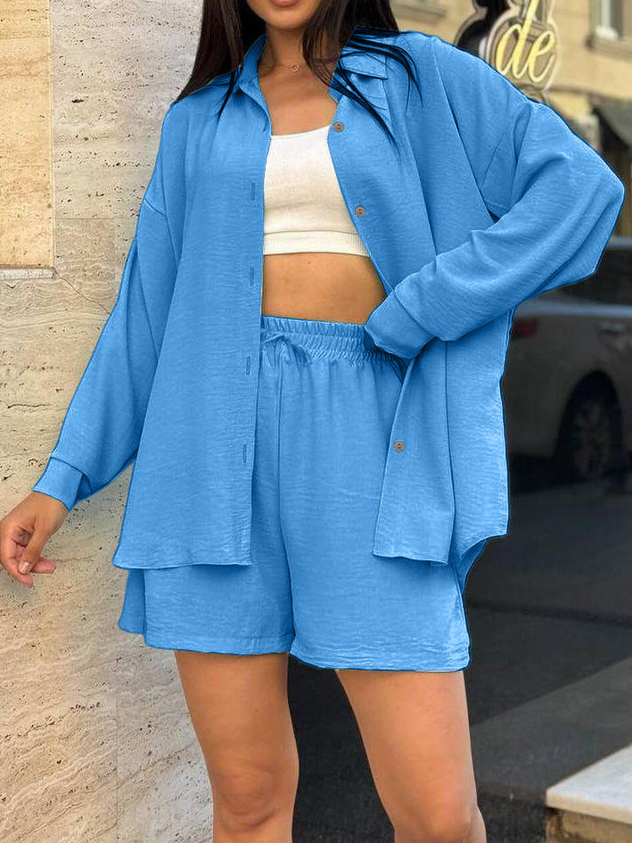 Damen lässiger Overshirt-Set mit elastischem Bund und weit geschnittenen Shorts Drune