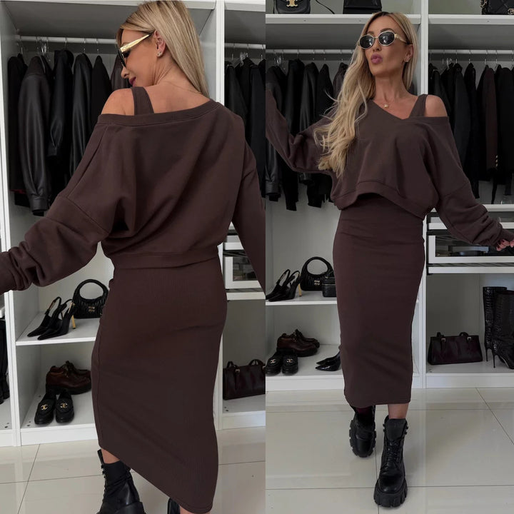 Damen elegantes und lässiges Kleidungsset mit angeschnittenem Oberteil Drune