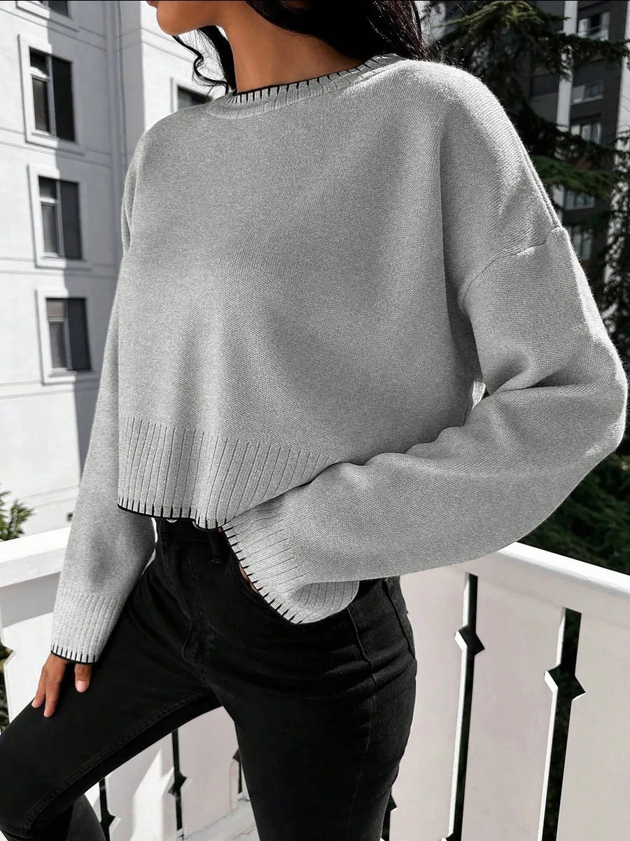 Damen lässiger Crop-Pullover mit strukturierten Säumen und Rundhalsausschnitt Drune