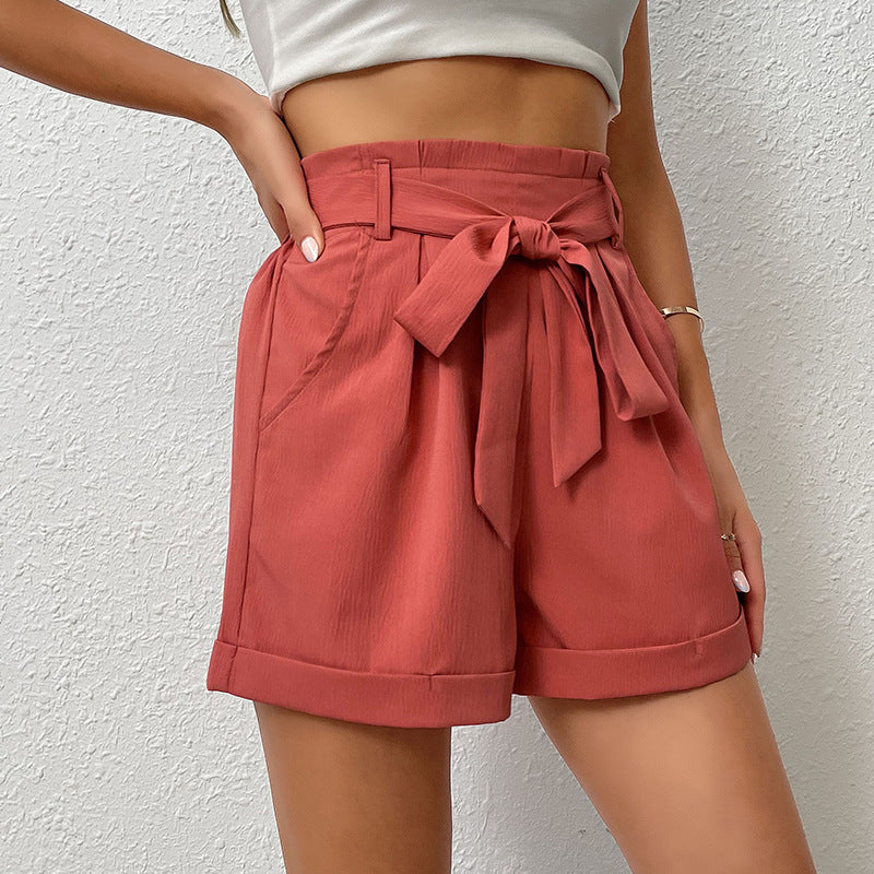 Damen lässige High-Waist-Shorts mit dekorativer Schleifenbindung und seitlichen Taschen Drune