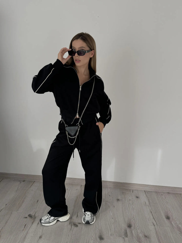 Damen modisches Sport-Fleece-Set mit hochwertigem Reißverschluss und elastischen Bündchen Drune