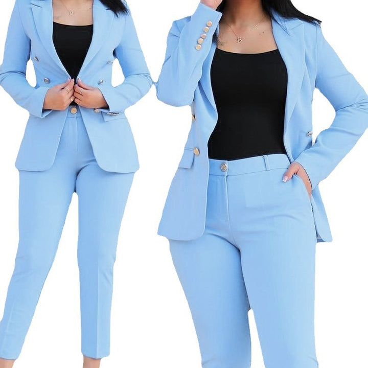 Damen nan tailliertes Business-Hosenanzug-Set mit doppelreihigem Reversblazer und schmal zulaufender Bundhose Drune