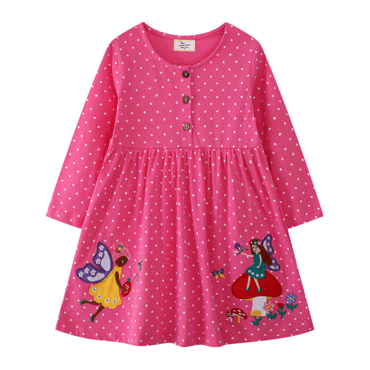 Mädchen Polka-Dots Baumwollkleid mit bezaubernden Feen-Motiven Drune