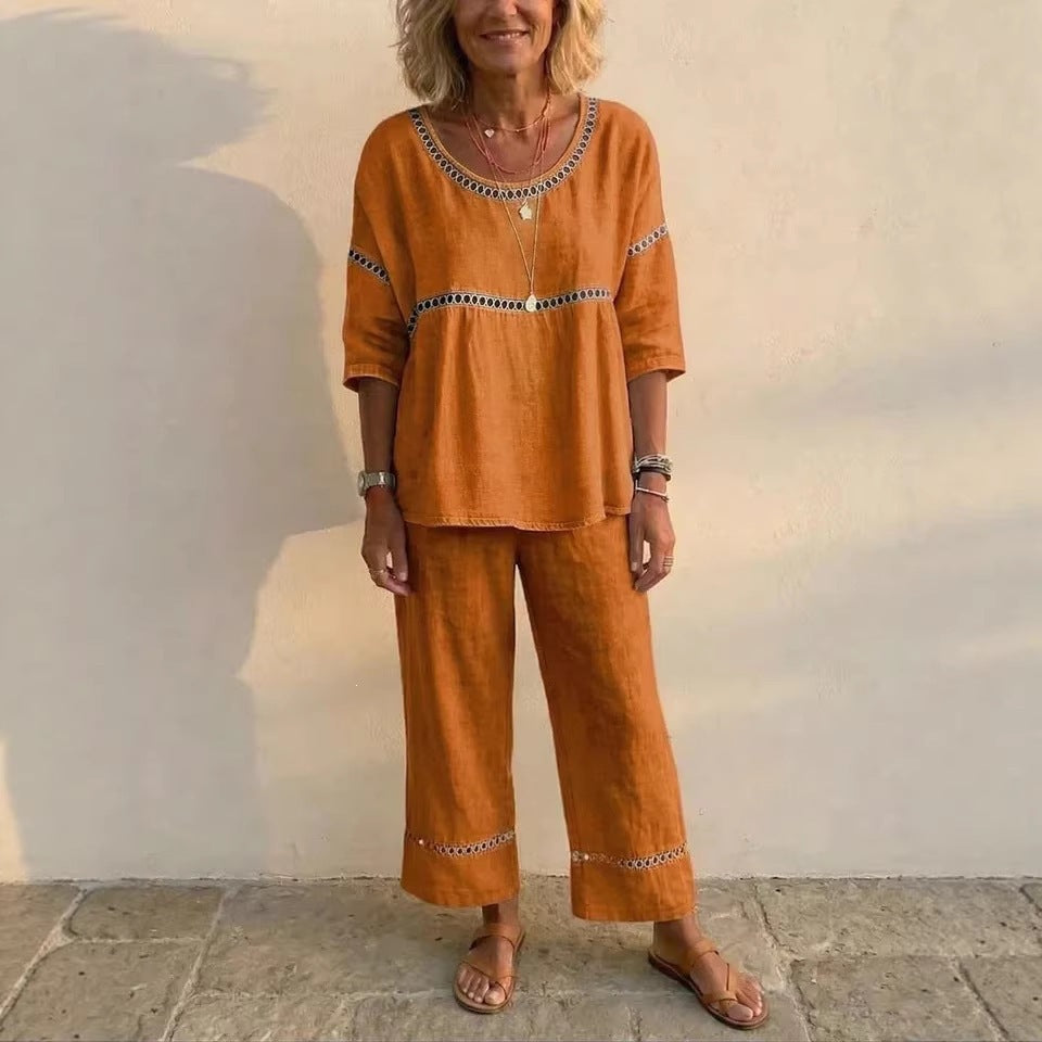 Damen Kompletter Loungewear-Anzug aus Leinen mit luftiger Passform und Spitzenakzenten Drune