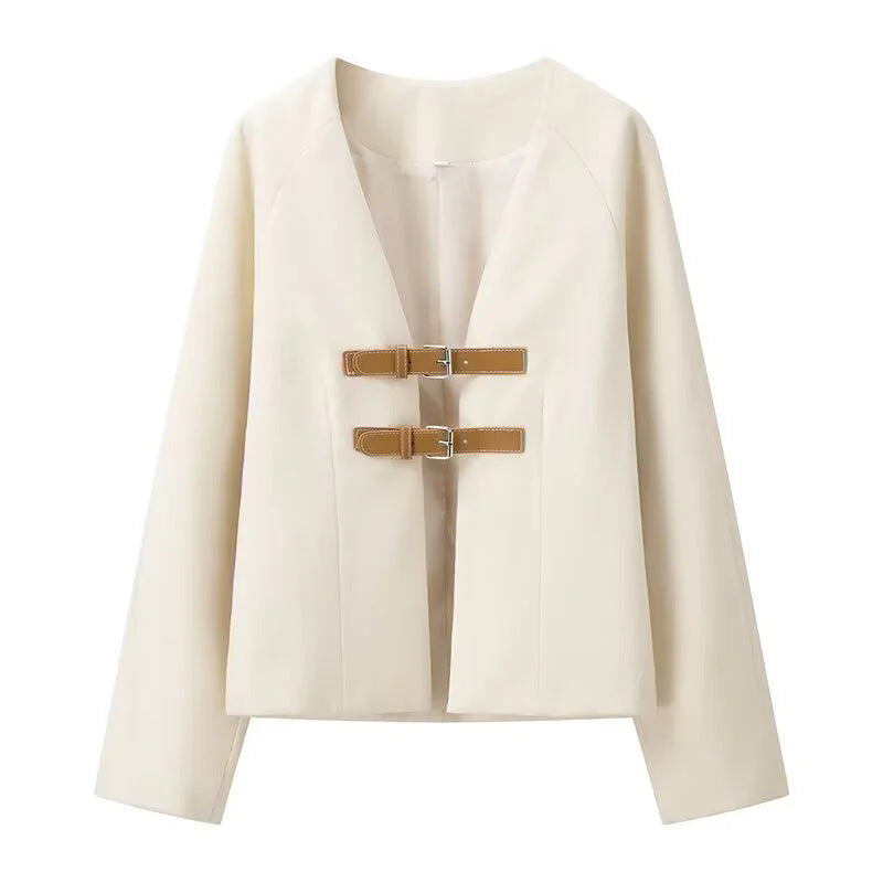 Damen elegante Kurzjacke mit praktischen Schnallenverschlüssen Drune