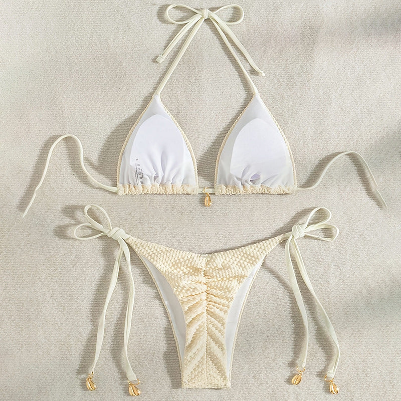 Damen Triangel-Bikini mit hochwertiger Rippstruktur und dekorativen Bindebändern Drune
