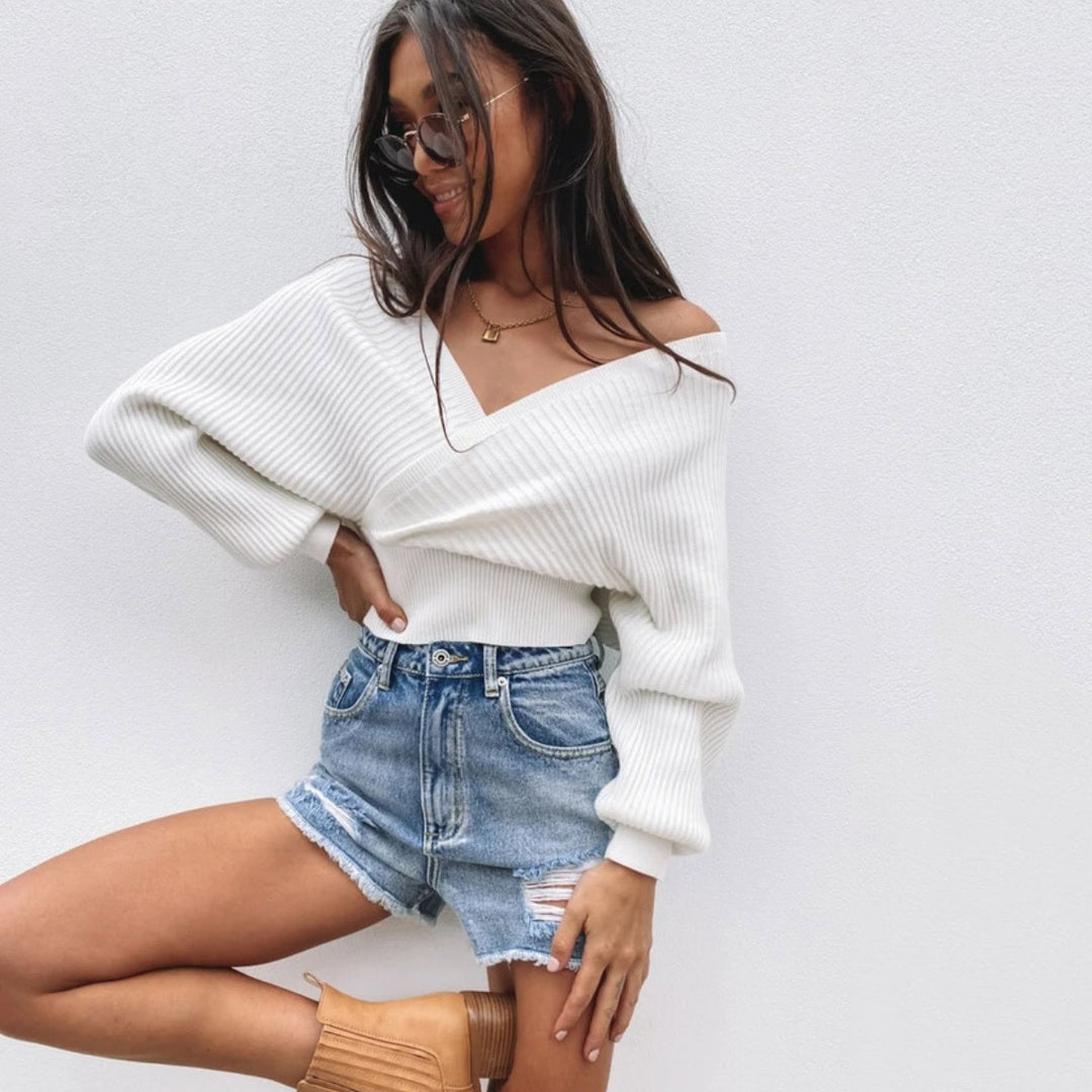 Damen nan gestrickter Off-Shoulder Cropped-Pullover mit Wickeloptik und Ballonärmeln Drune