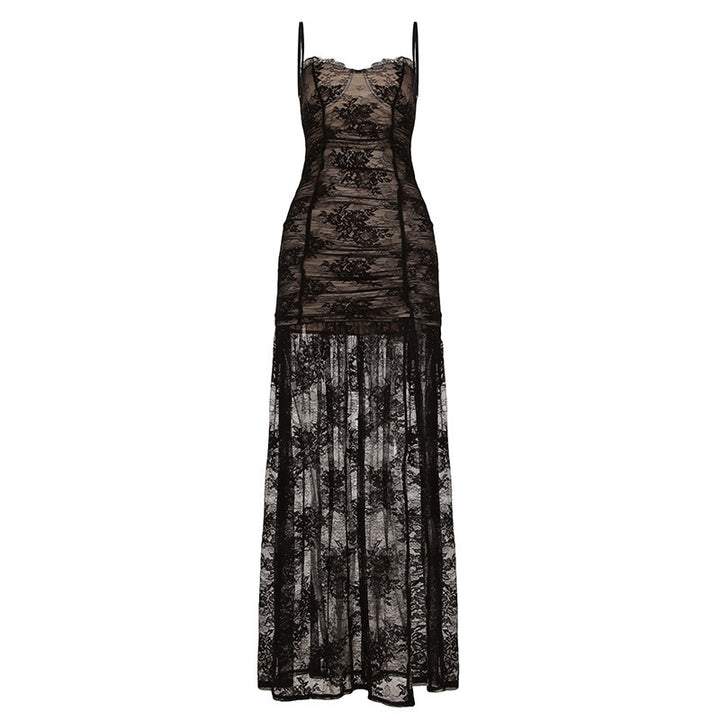 Damen Spitzen-Midi-Kleid mit transparentem Futter und raffinierten Trägern Drune