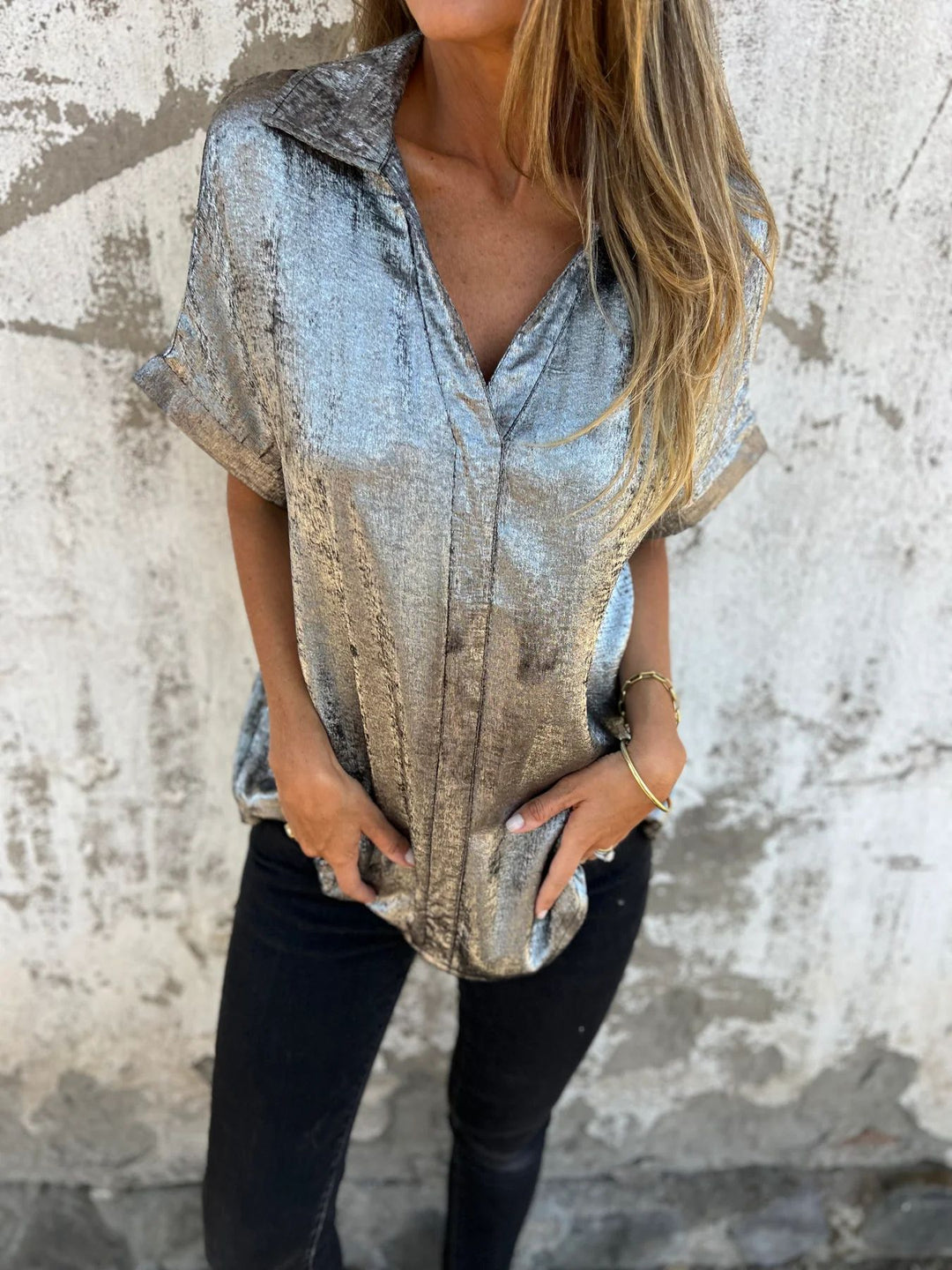 Damen Kurzarm-Seidenbluse mit elegantem Glanz und modischem Revers Drune