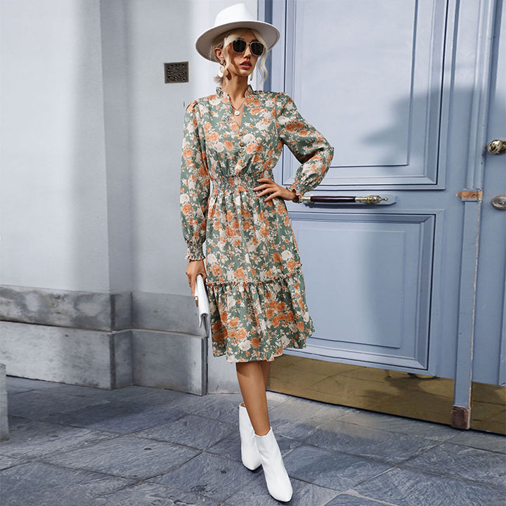 Damen Maxikleid mit floralen Rüschen und feinen Details Drune