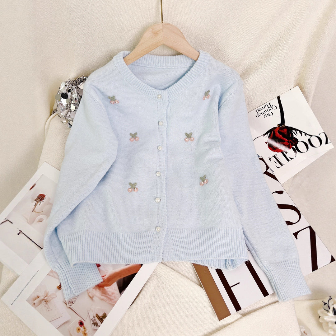 Damen feiner Strickcardigan mit verspielter Blumenstickerei Drune