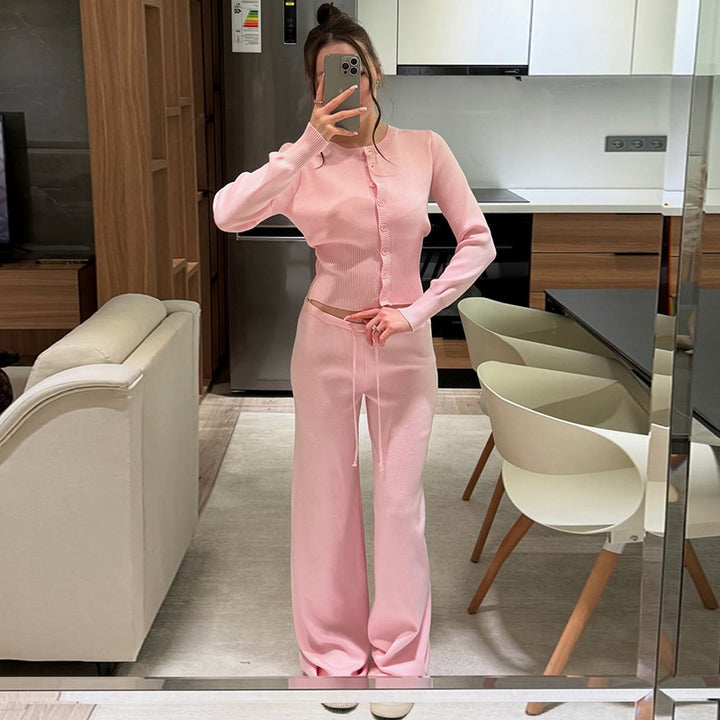 Damen Bequemes Strick-Loungewear-Set mit Knopfleiste Drune