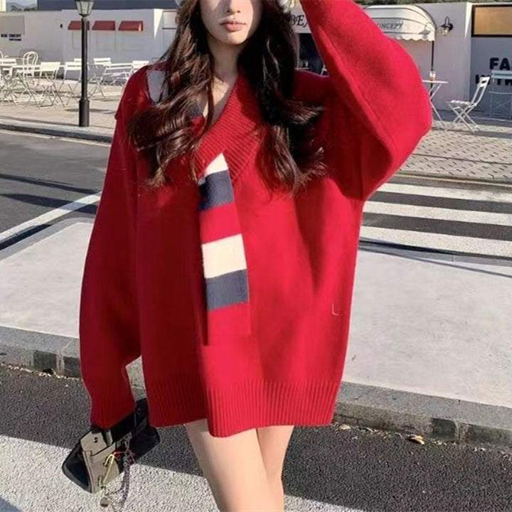 Damen lässiger Pullover mit strukturiertem V-Ausschnitt und oversized Schnitt Drune