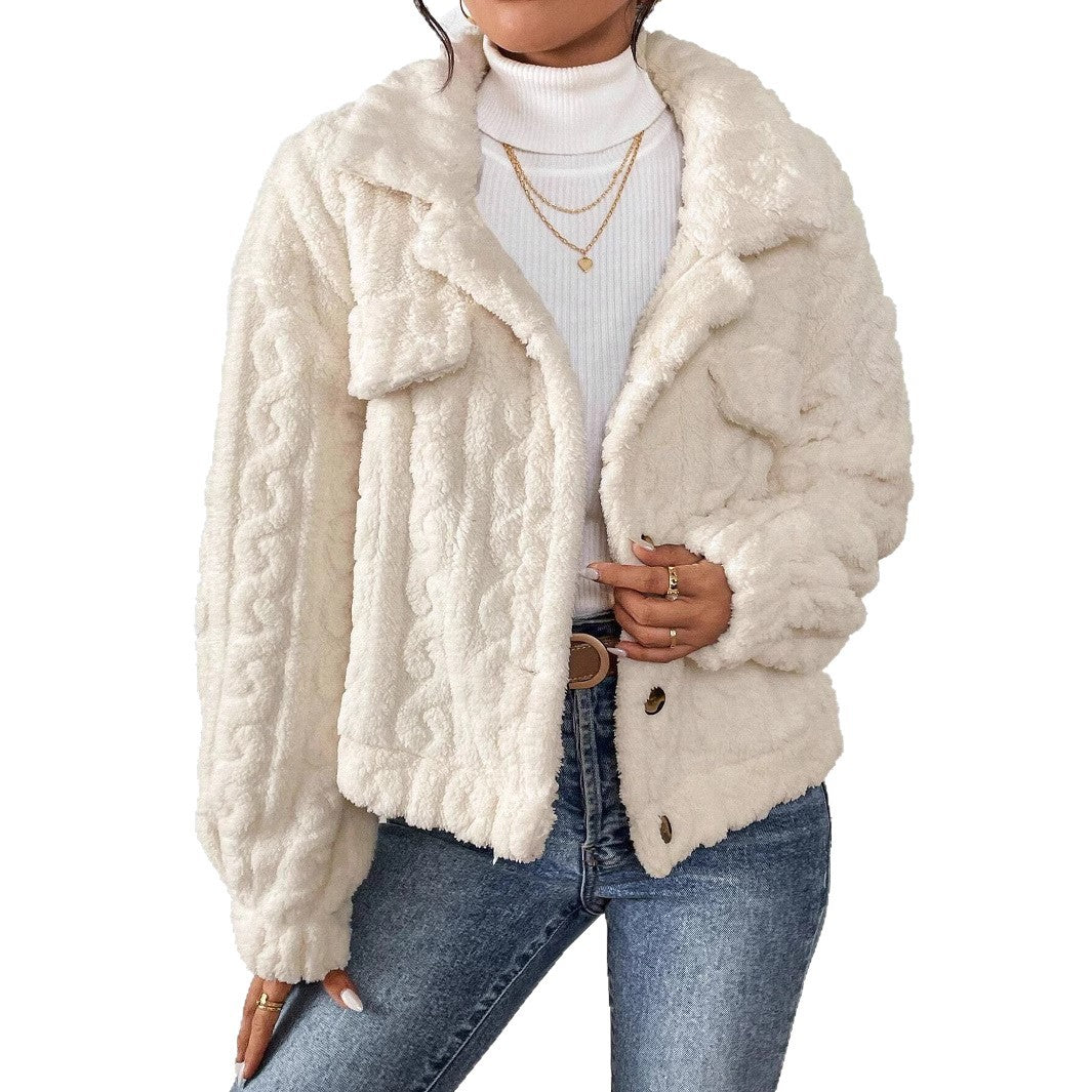 Damen Plüsch-Übergangsjacke mit leichtem Zopfmuster und Taschen Drune