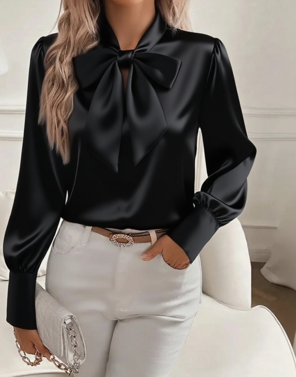 Damen elegante Satinbluse mit Schleifenkragen und Puffärmeln Drune