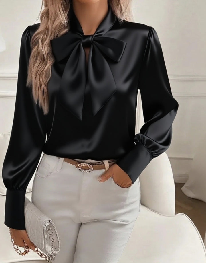 Damen elegante Satinbluse mit Schleifenkragen und Puffärmeln Drune