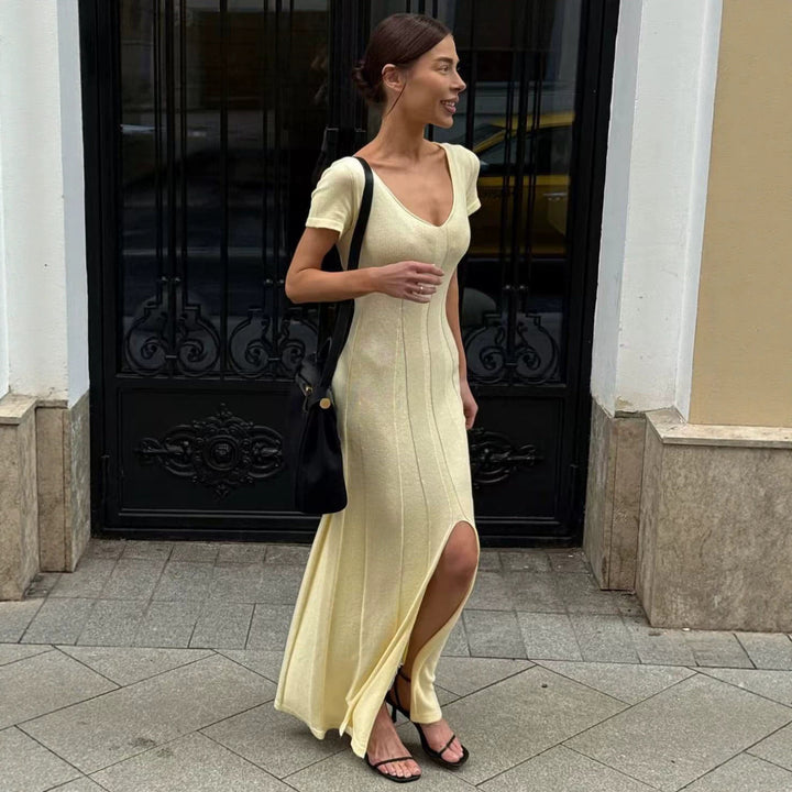 Damen elegantes figurbetontes Maxikleid mit V-Ausschnitt Drune