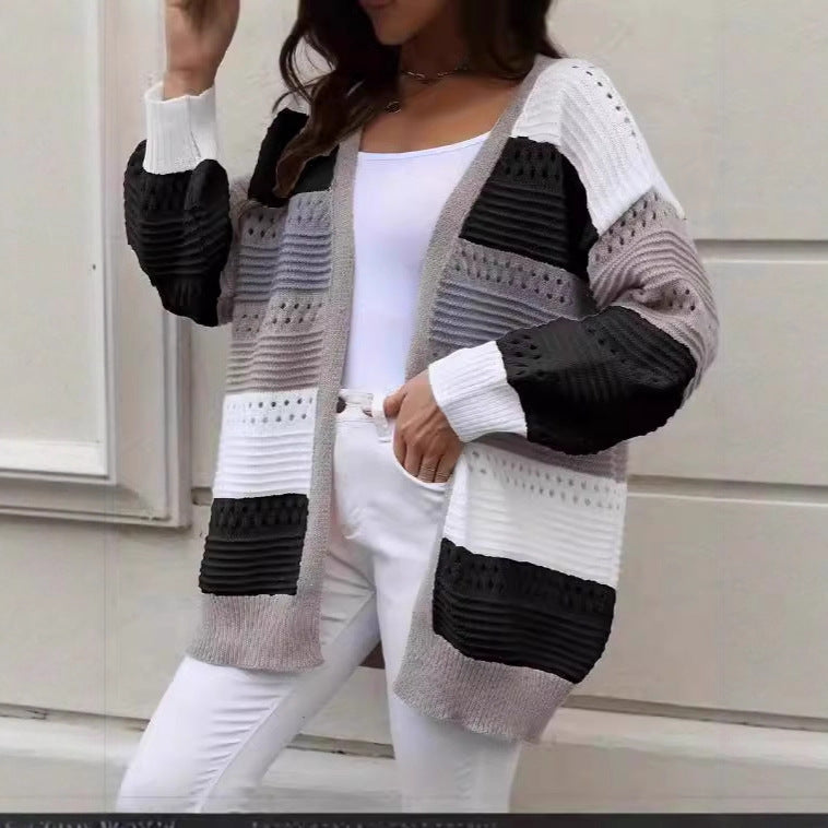 Damen Großer Strickcardigan mit einzigartigem Lochmuster und Farbblockdesign Drune