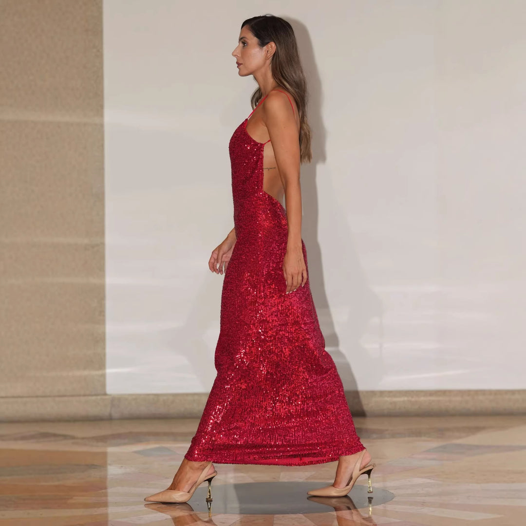 Damen Abendkleid mit glitzerndem Paillettenbesatz und elegantem V-Ausschnitt Drune