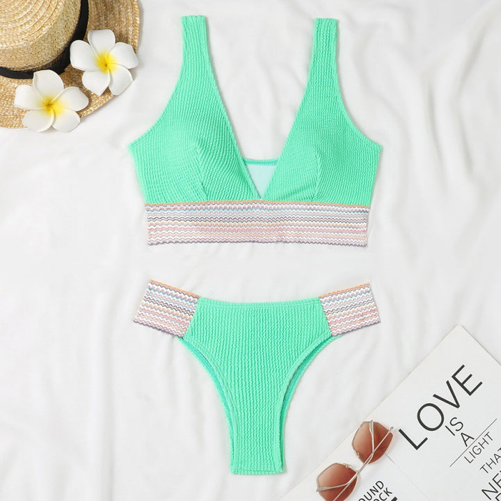 Damen Wellenmuster Bikini-Set mit tiefem V-Ausschnitt Drune