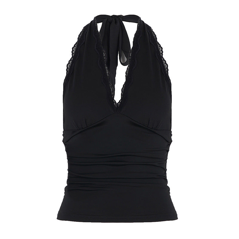 Damen Elegantes Haltertop mit aufregendem V-Ausschnitt und modischen Spitzenakzenten Drune