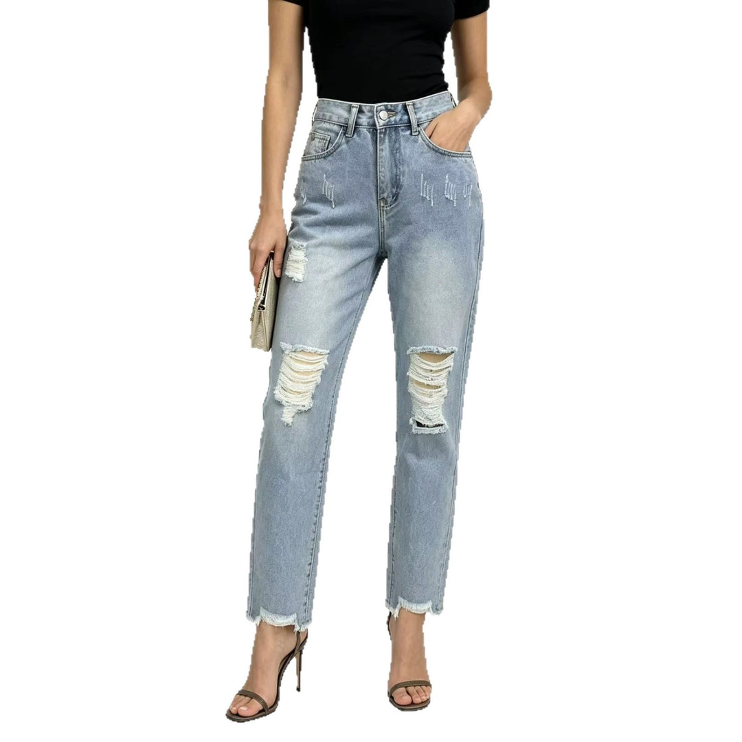 Damen nan hochgeschnittene Straight Leg Jeans mit gezielten Rissdetails und rohem Knöchelabschluss Drune
