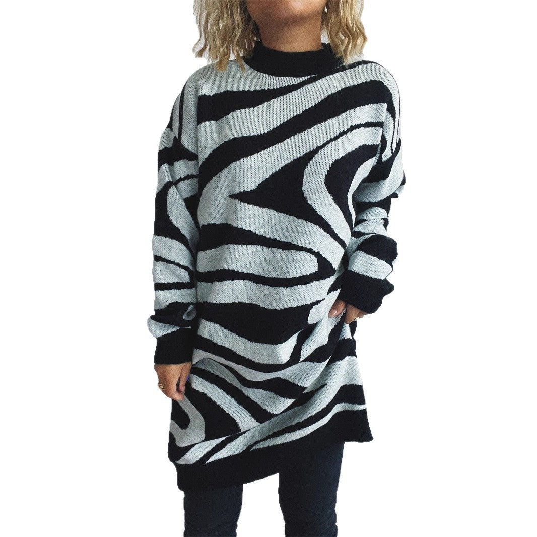 Damen Grobstrickpullover mit modernem Zebradesign und hohem Kragen Drune