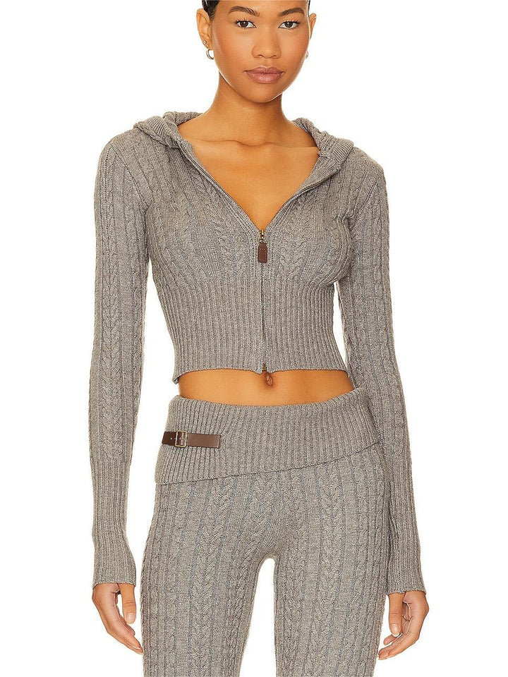 Damen Cropped Strickjacke mit Kapuze und hohem Kragen Drune