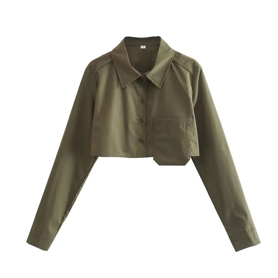 Damen cropped Bluse mit modernem Schnitt und praktischem Taschen-Design Drune
