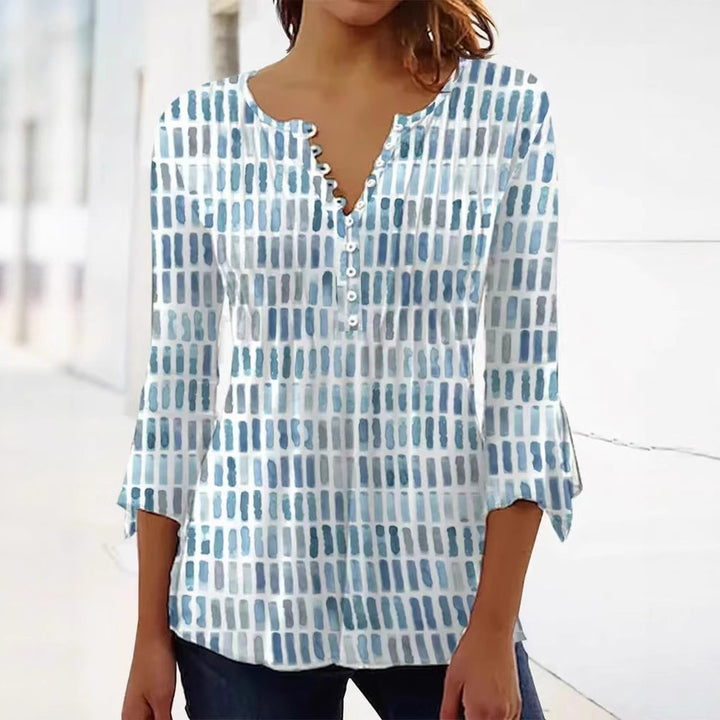 Damen Bluse im modernen Grafikdesign mit Knopfdetails Drune
