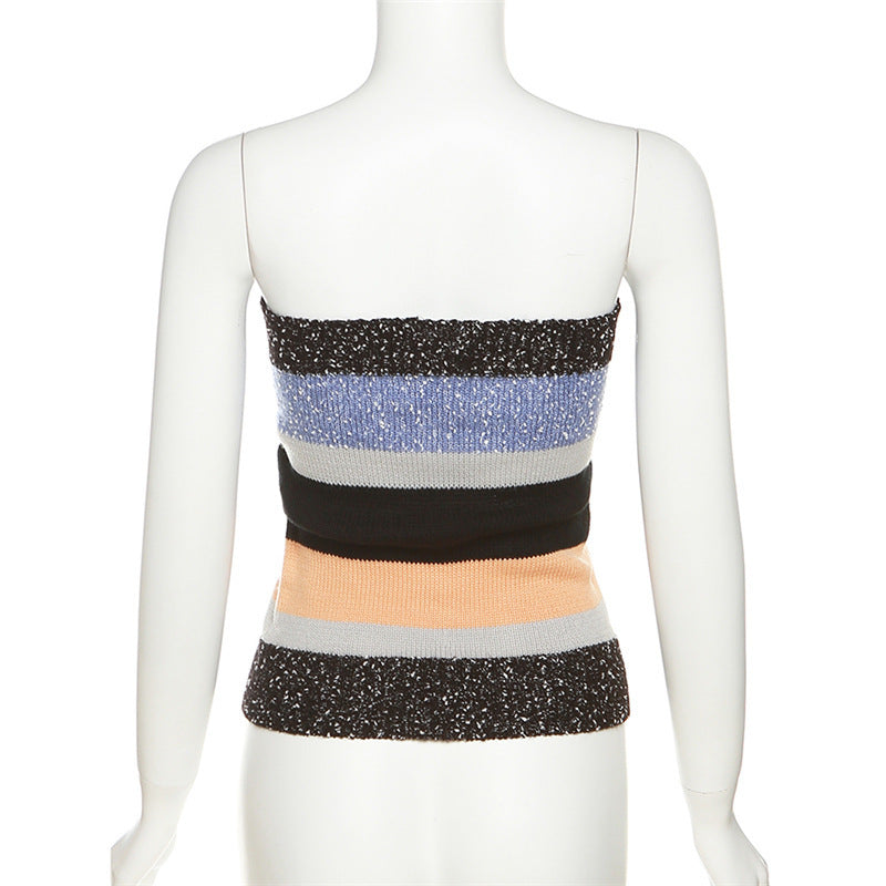 Damen Bandeau-Top mit bunten Streifen und dekorativen Knöpfen Drune